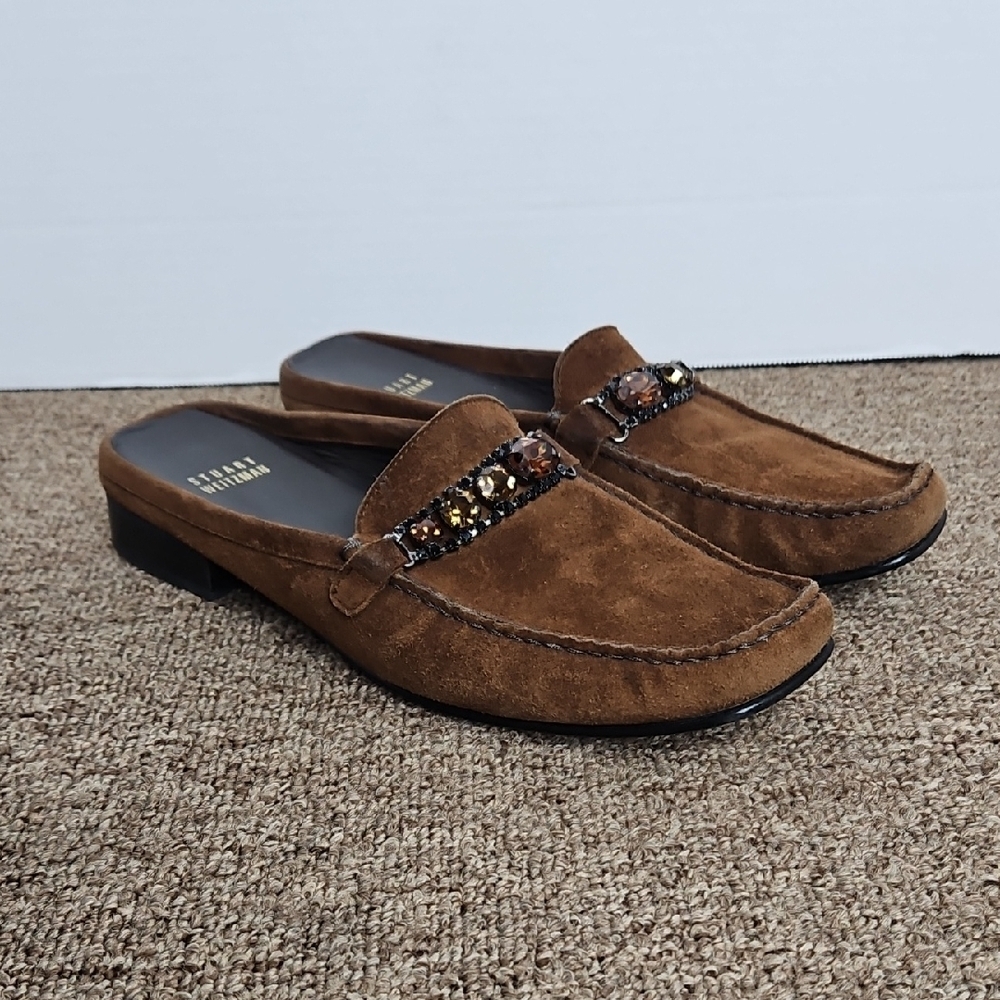 Stuart Weitzman Brown Suede Leather Mules Slides Loafers Sz 8 Womens